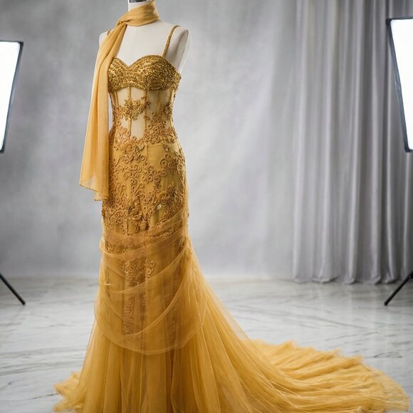 Dresses & Skirts - Exquisite Couture Runway Designer Beaded Corset Scarf Elegant Evening Gown Dress